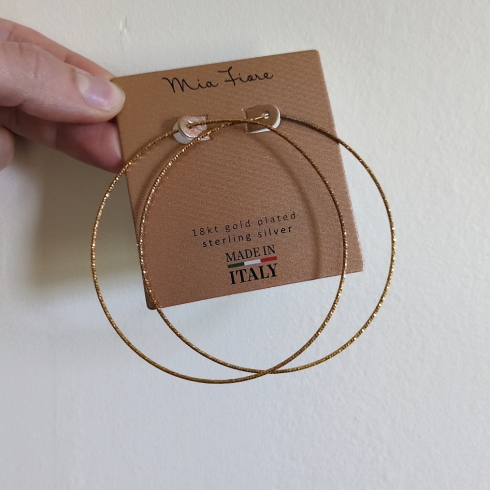 Mia Fiore Sterling Silver 18 kt Gold Plated Hoops Italy Diamond Cut Earrings 3"